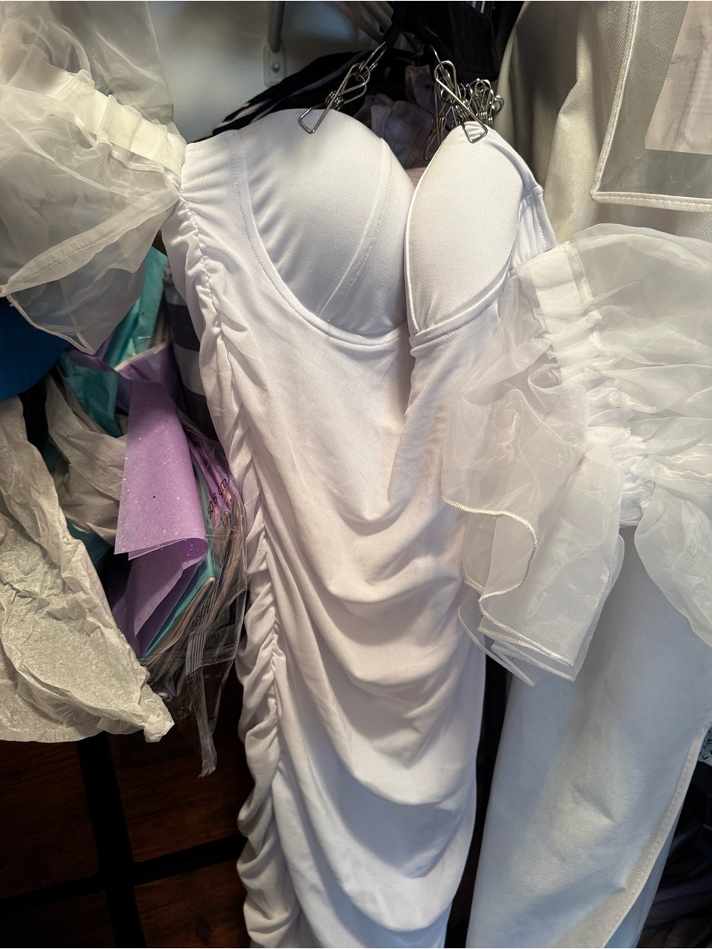 White Ruching Satin-Look Dress with Puff Organza Sleeves